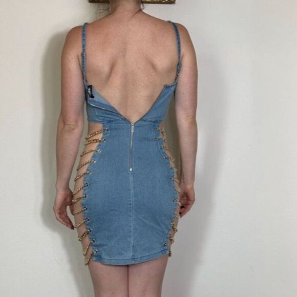MI558 Sexy Denim Dress, Gold Chain Open Sides, Size Small - Picture 3 of 4